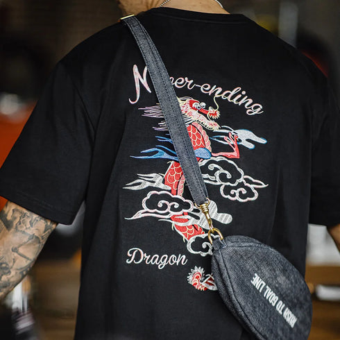 Men’s Retro Heavyweight Embroidered T-Shirt – 270g Black Cotton Summer Tee